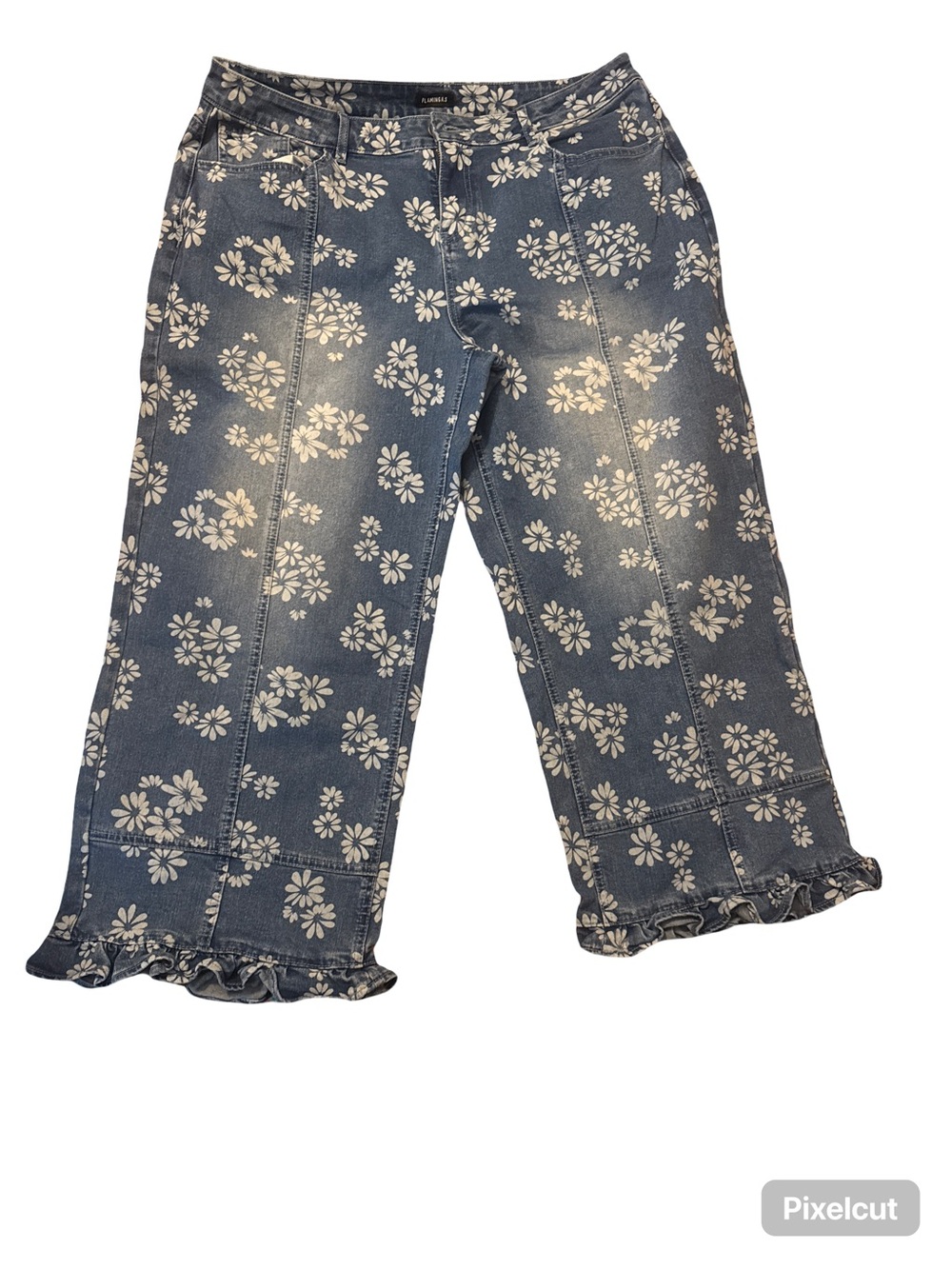 Blue Floral Ruffle-Hem Cropped Wide-Leg Jeans - Picture 2 of 4